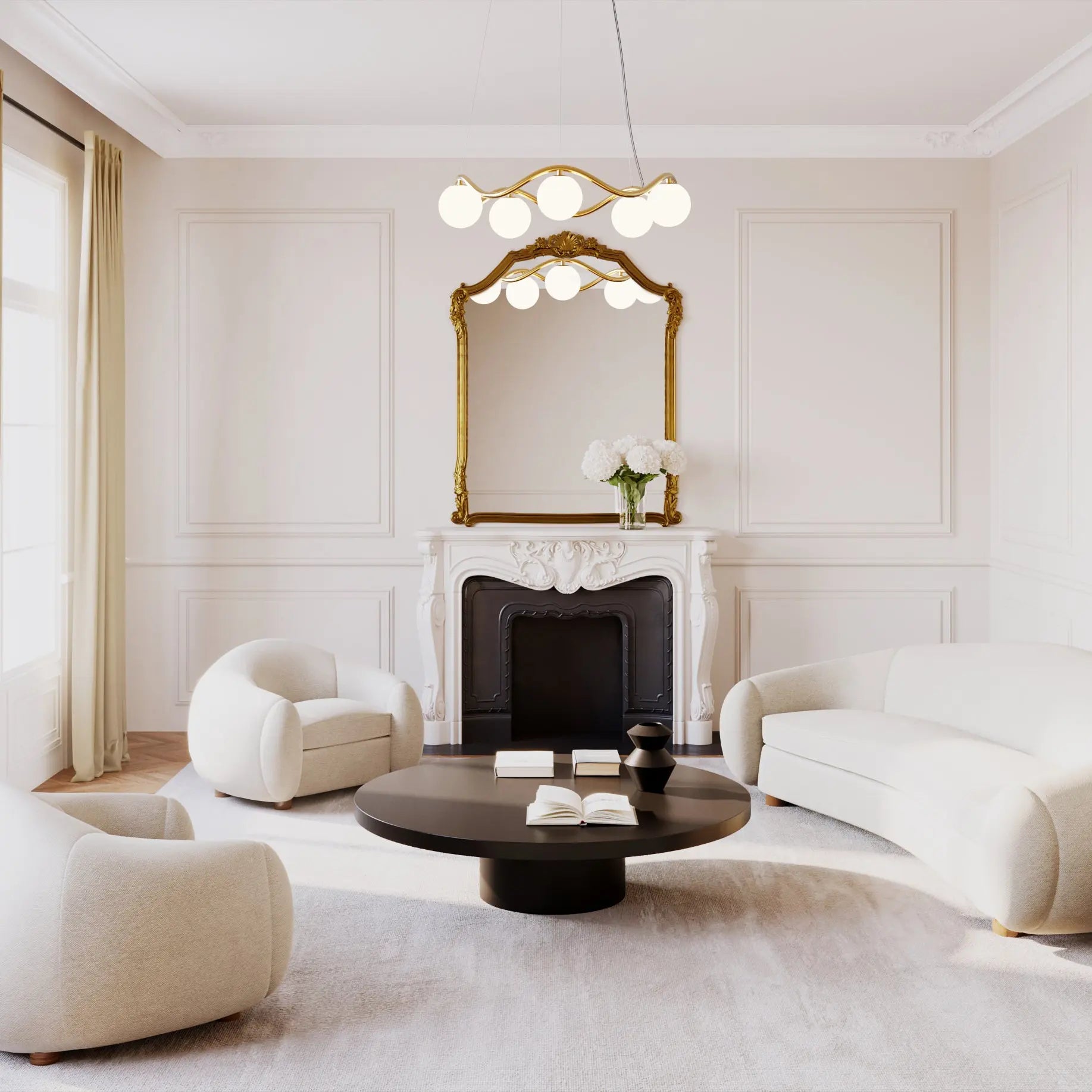 Modern living room with white walls, a fireplace, and decorative mirror.