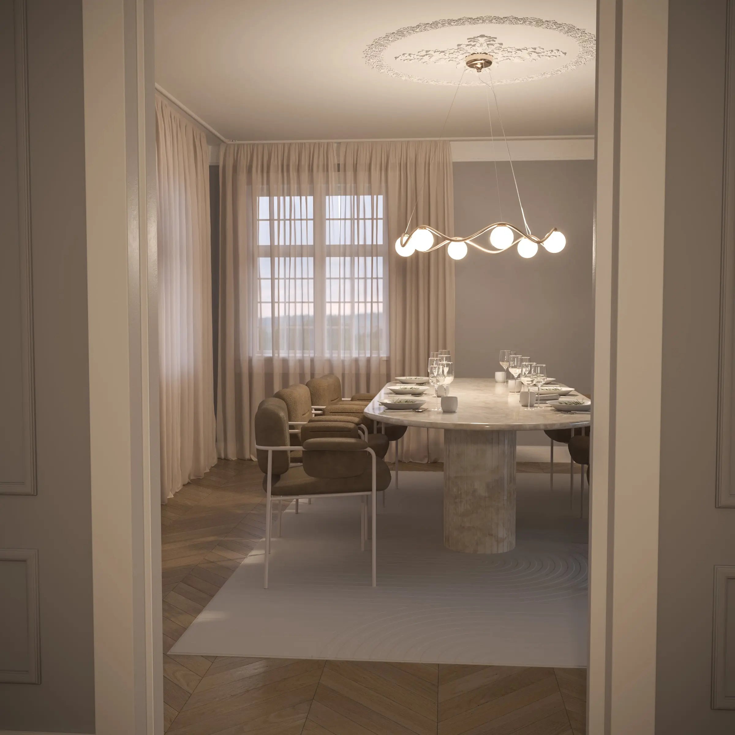 Modern dining room with a table set for four, chairs, and a chandelier.