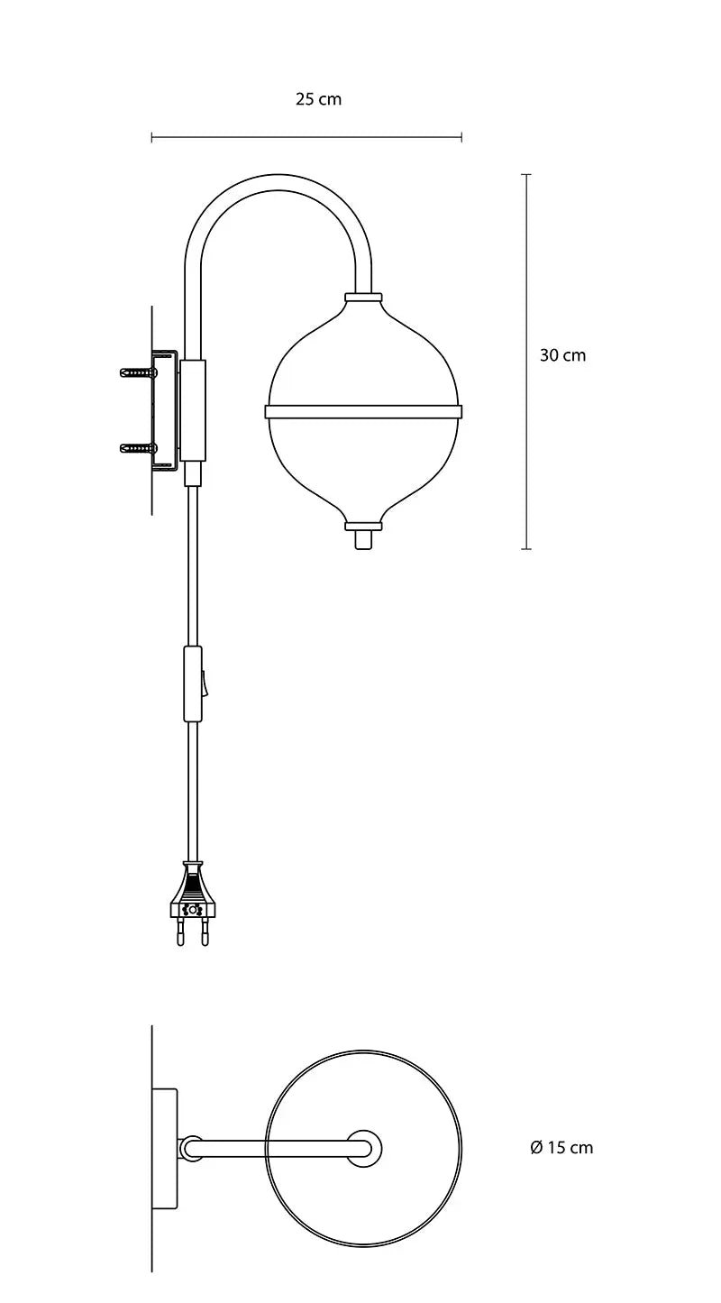 Technical drawing of a wall-mounted light fixture with dimensions