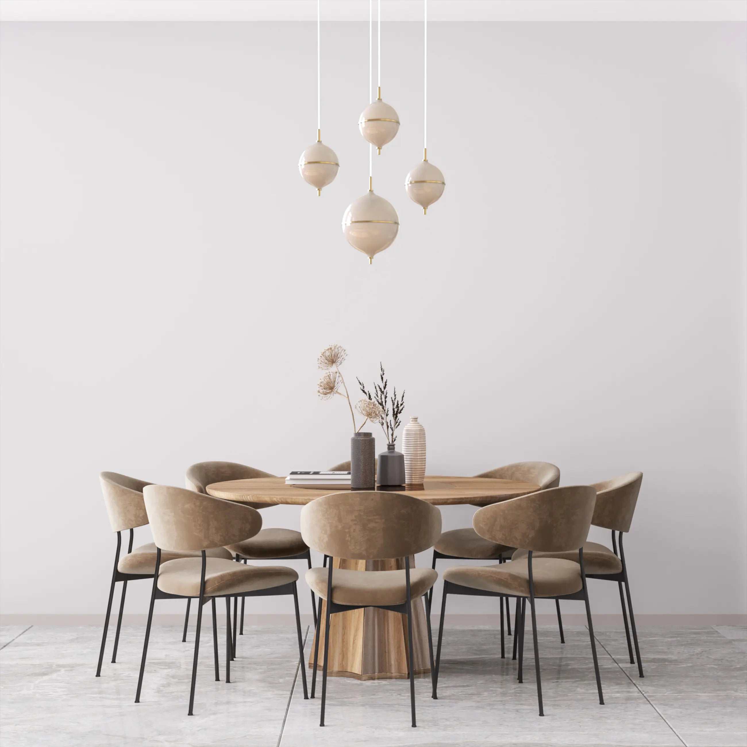 Dining room with wooden table and beige chairs under a modern pendant light.