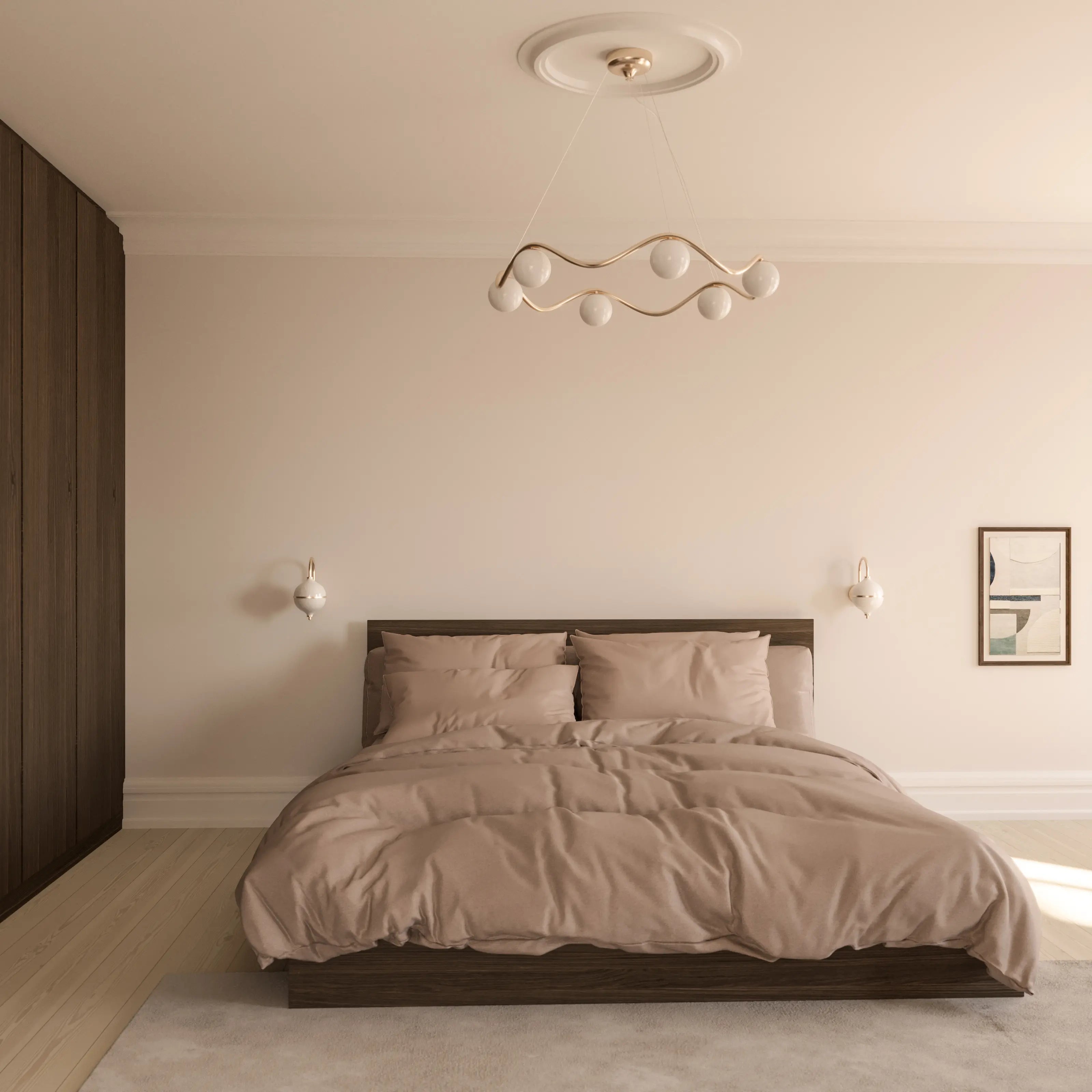 Neatly made bed in a bedroom with neutral tones and modern decor.