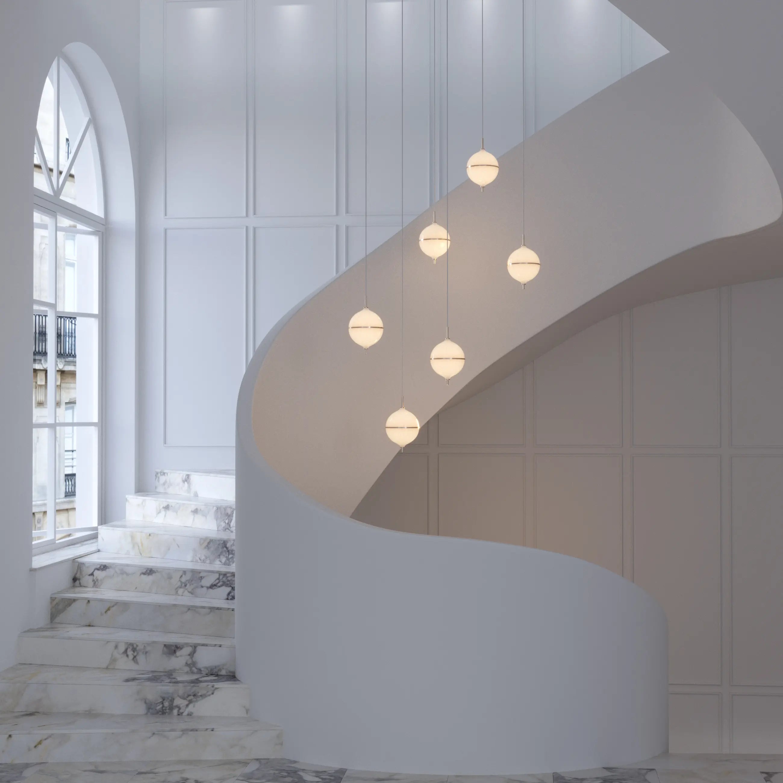 Modern staircase with curved design and pendant lights in a bright room.