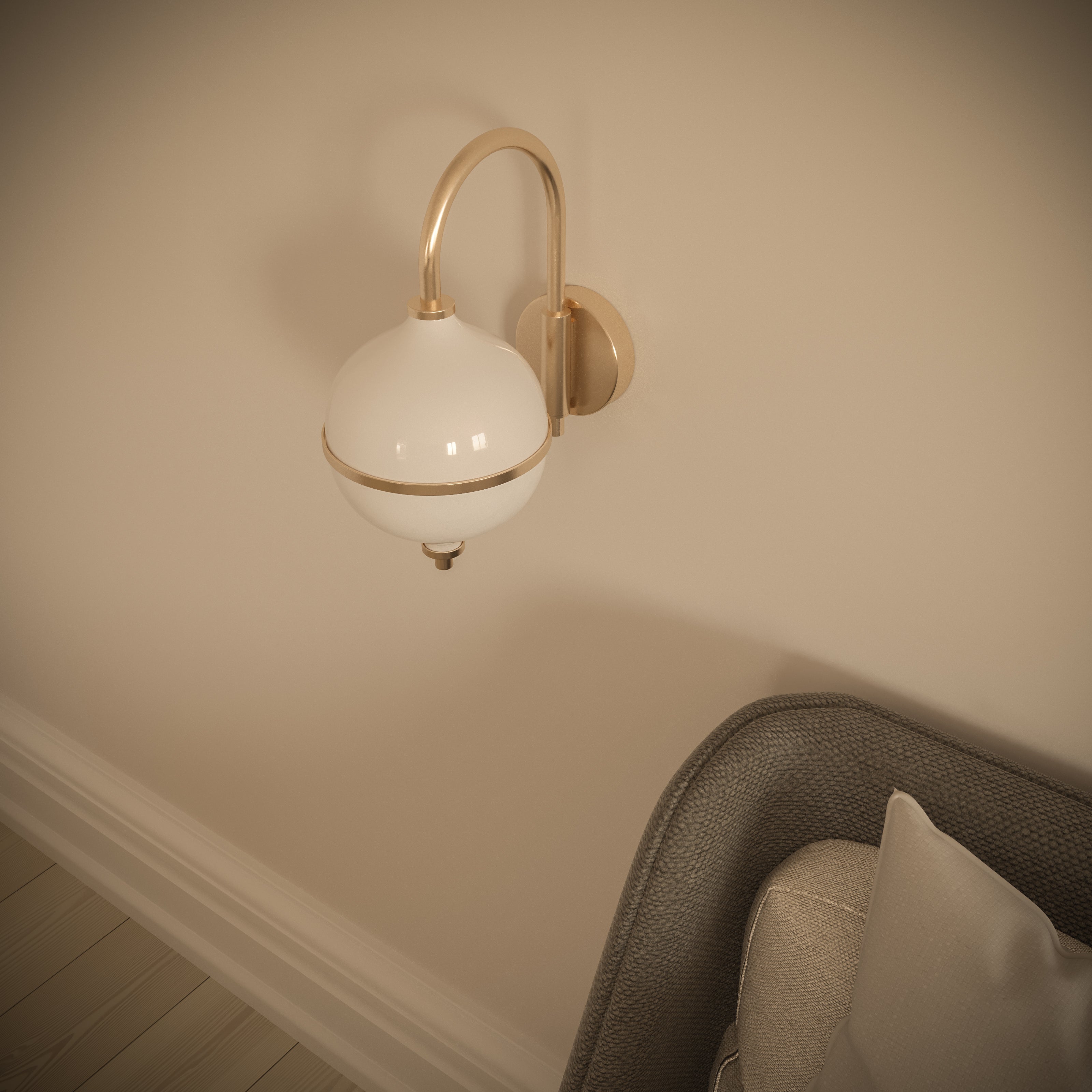 Sculptural lighting design and high-quality materials.