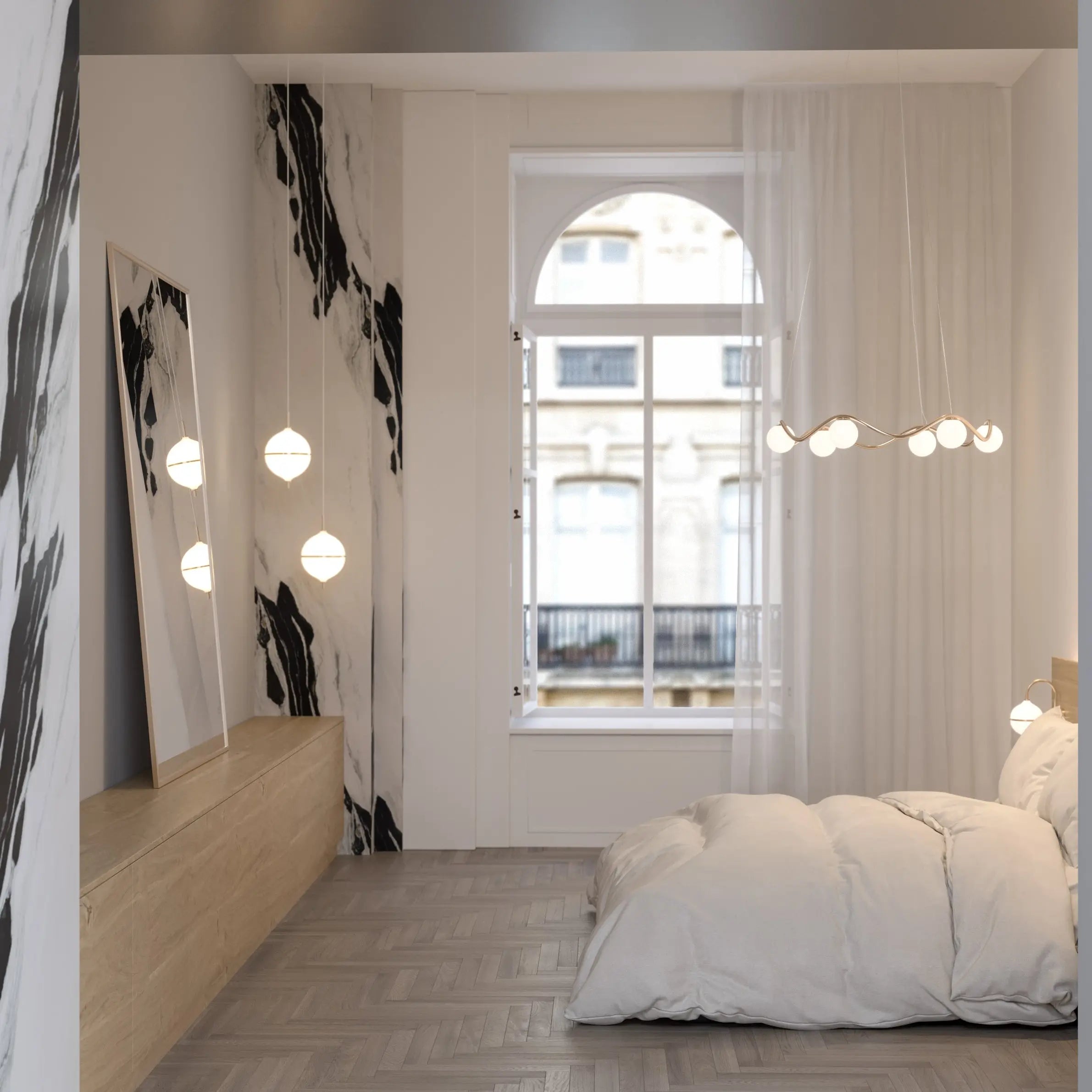 Modern bedroom with a bed, wall art, and large window.
