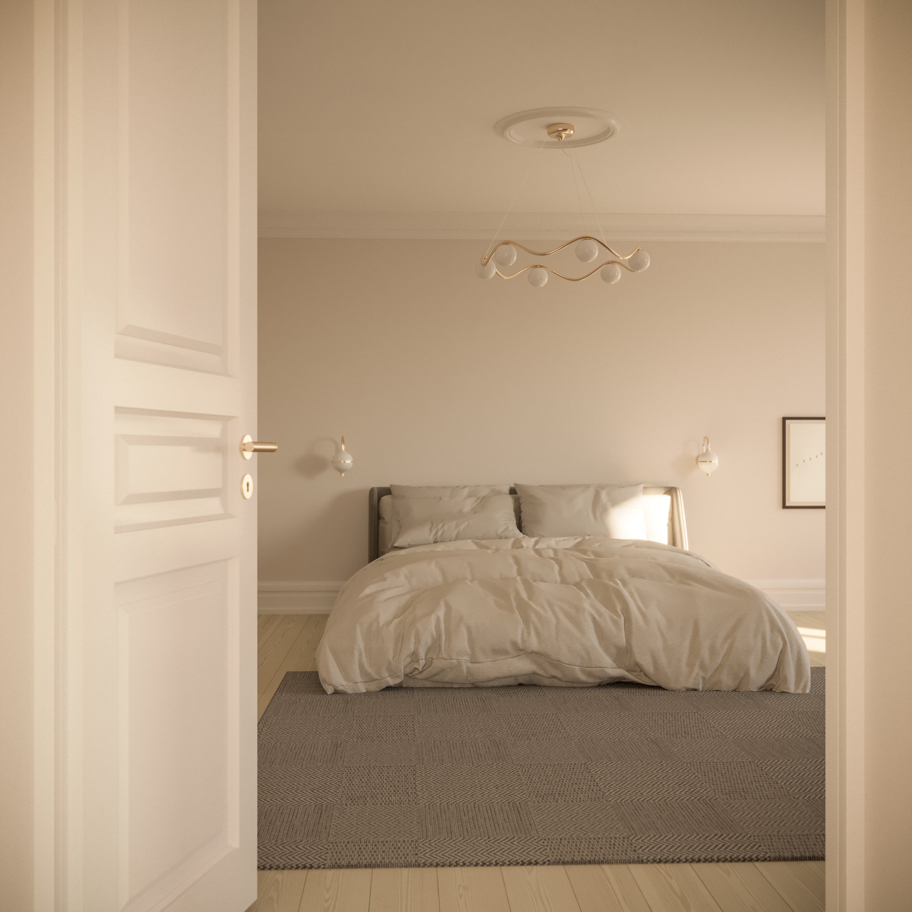 Luxury bedroom chandelier with contemporary aesthetics, sculptural elegance, and premium brass craftsmanship.