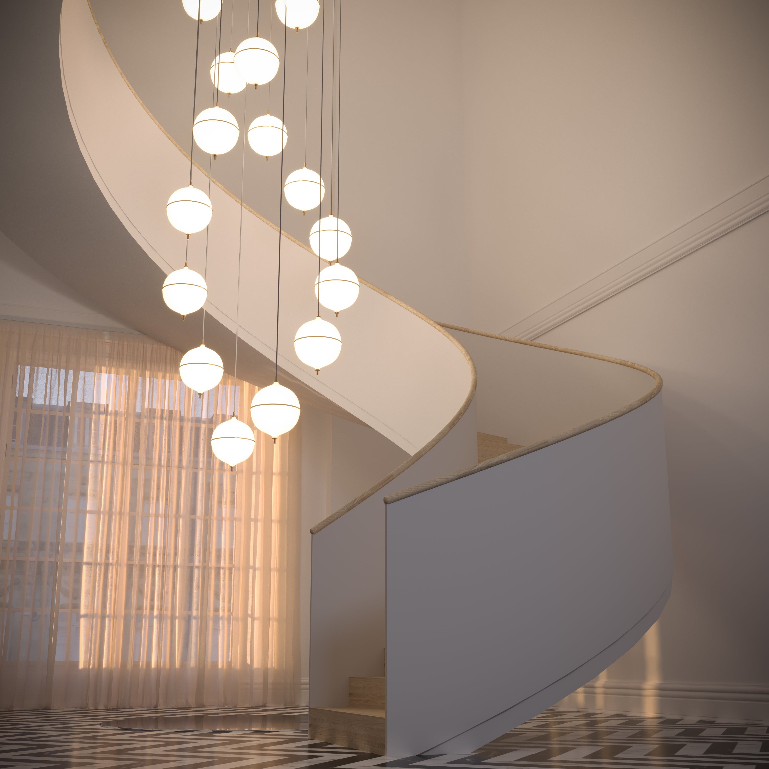 Modern staircase pendant lighting with warm ambient LED glow, adjustable height, and Danish design craftsmanship.
