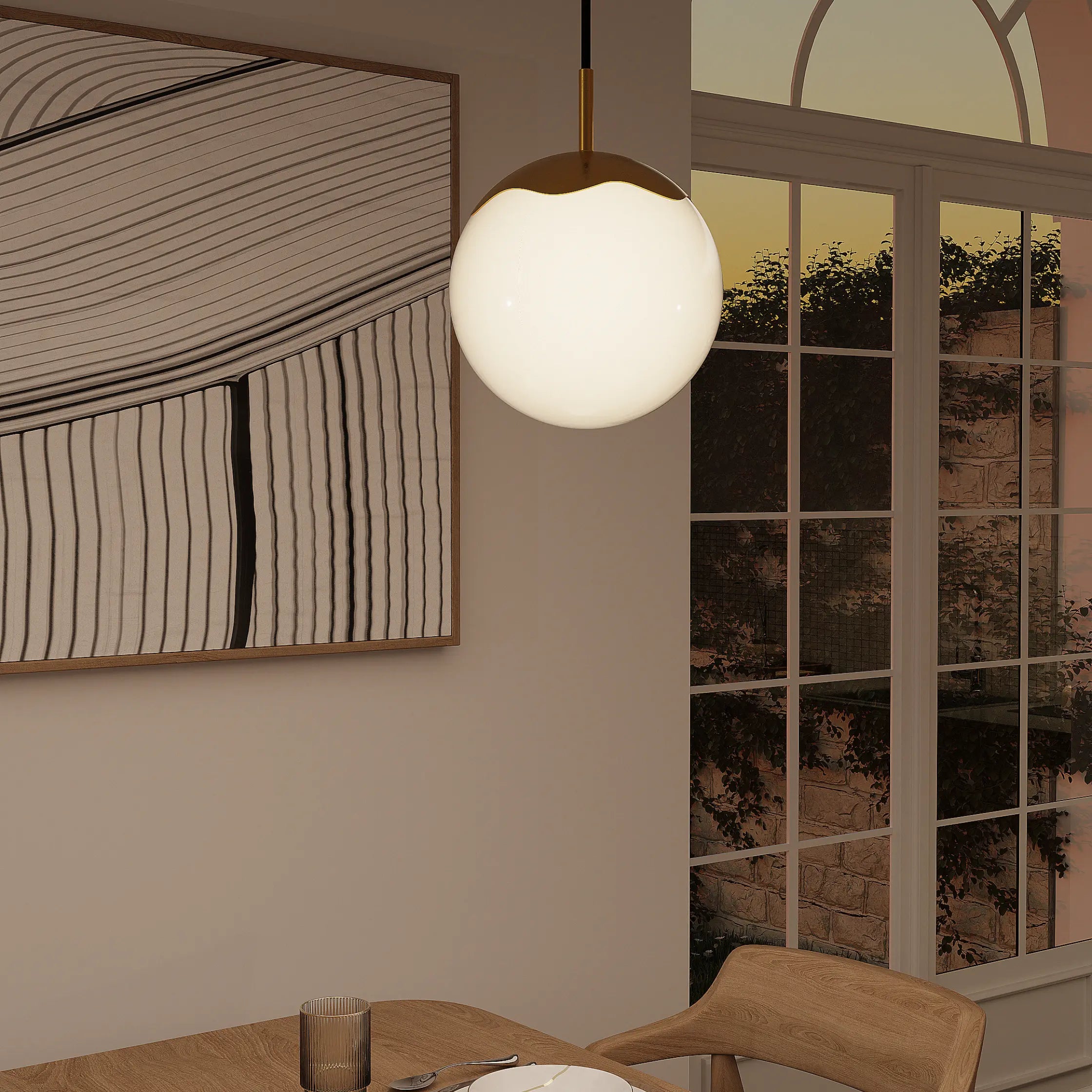 Modern interior with a pendant light, abstract wall art, and a window view.
