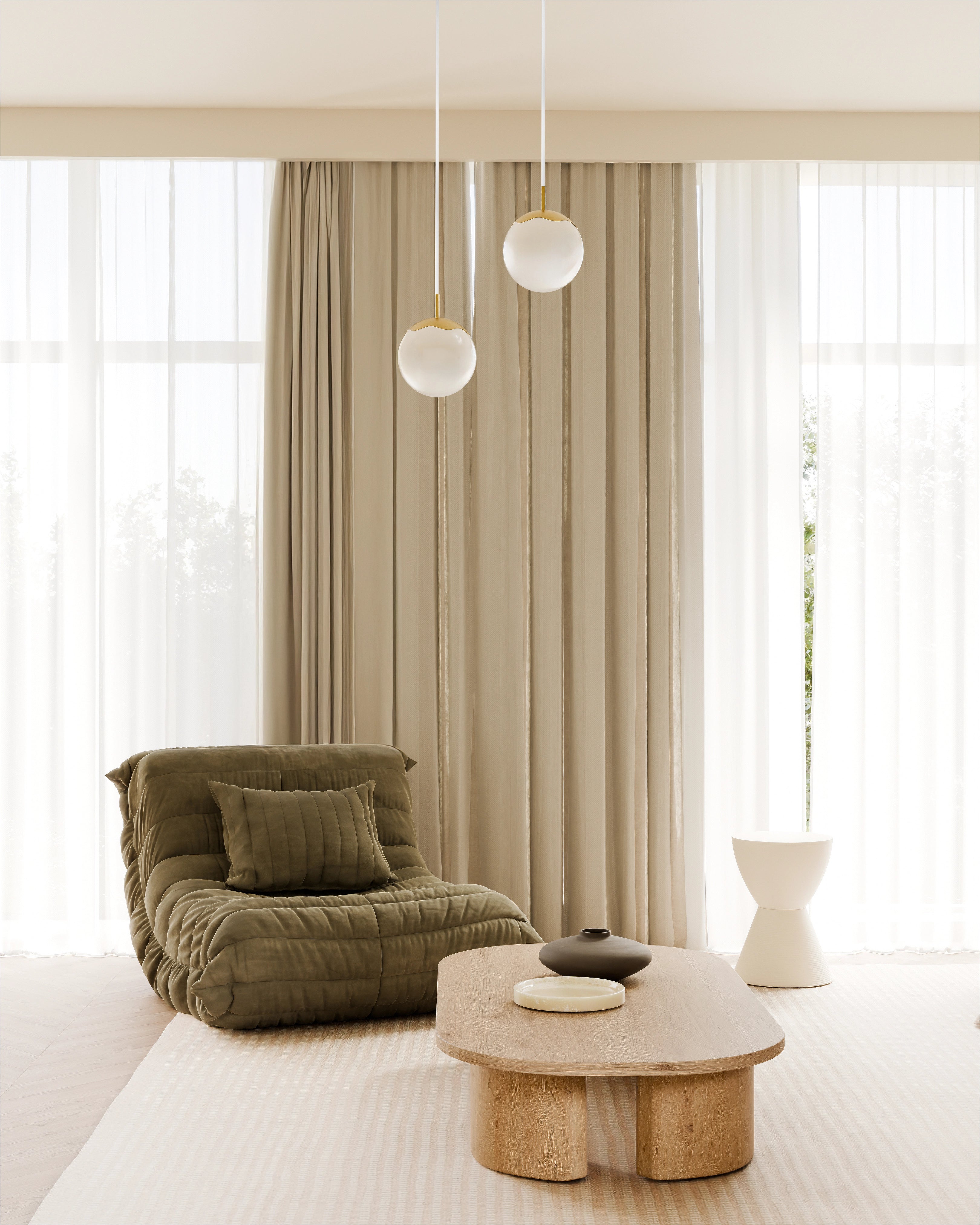Modern living room with a green armchair, wooden coffee table, and beige curtains.