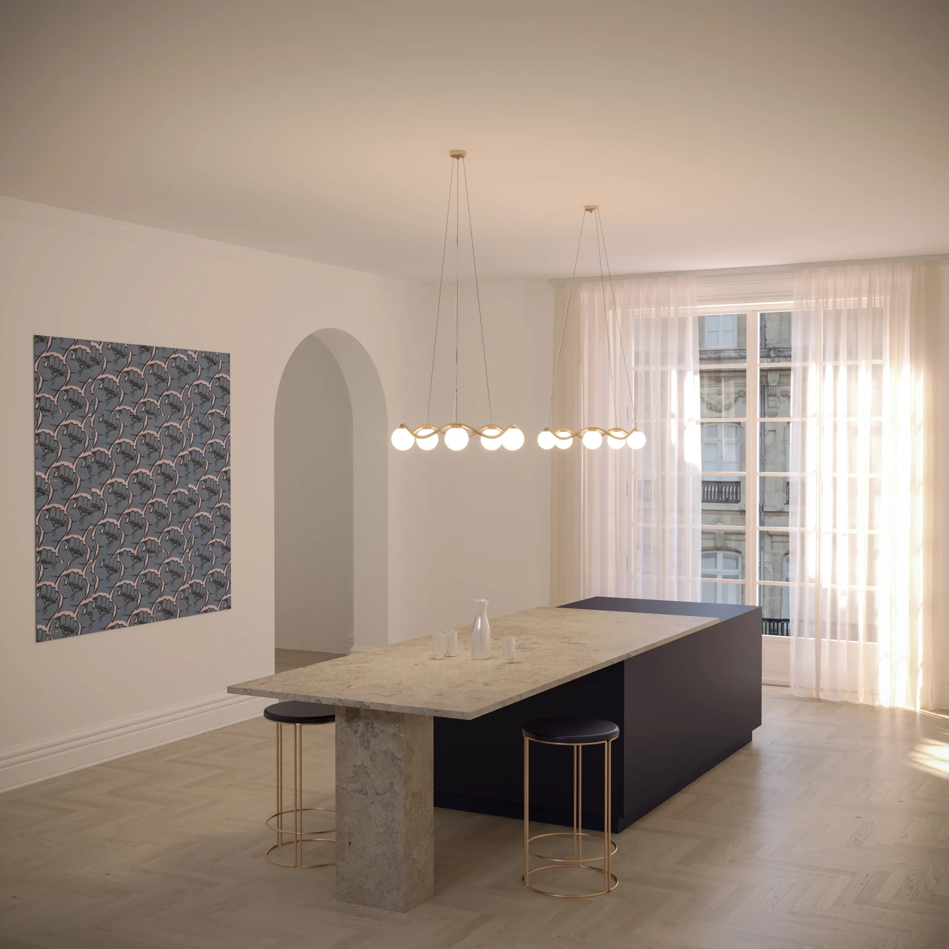 Modern kitchen with a island and stools in a well-lit room.