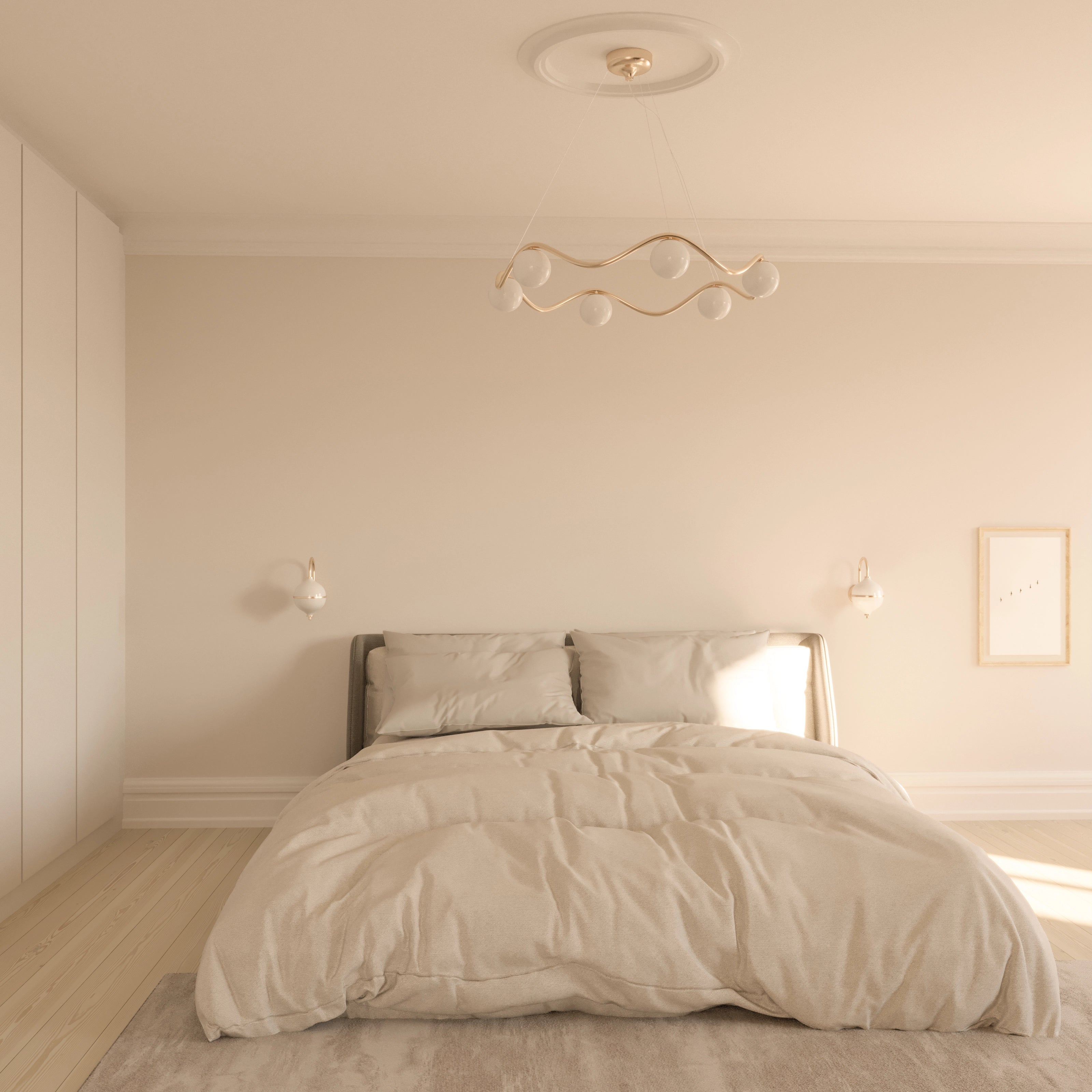 Neatly made bed in a bedroom with neutral tones and modern decor.