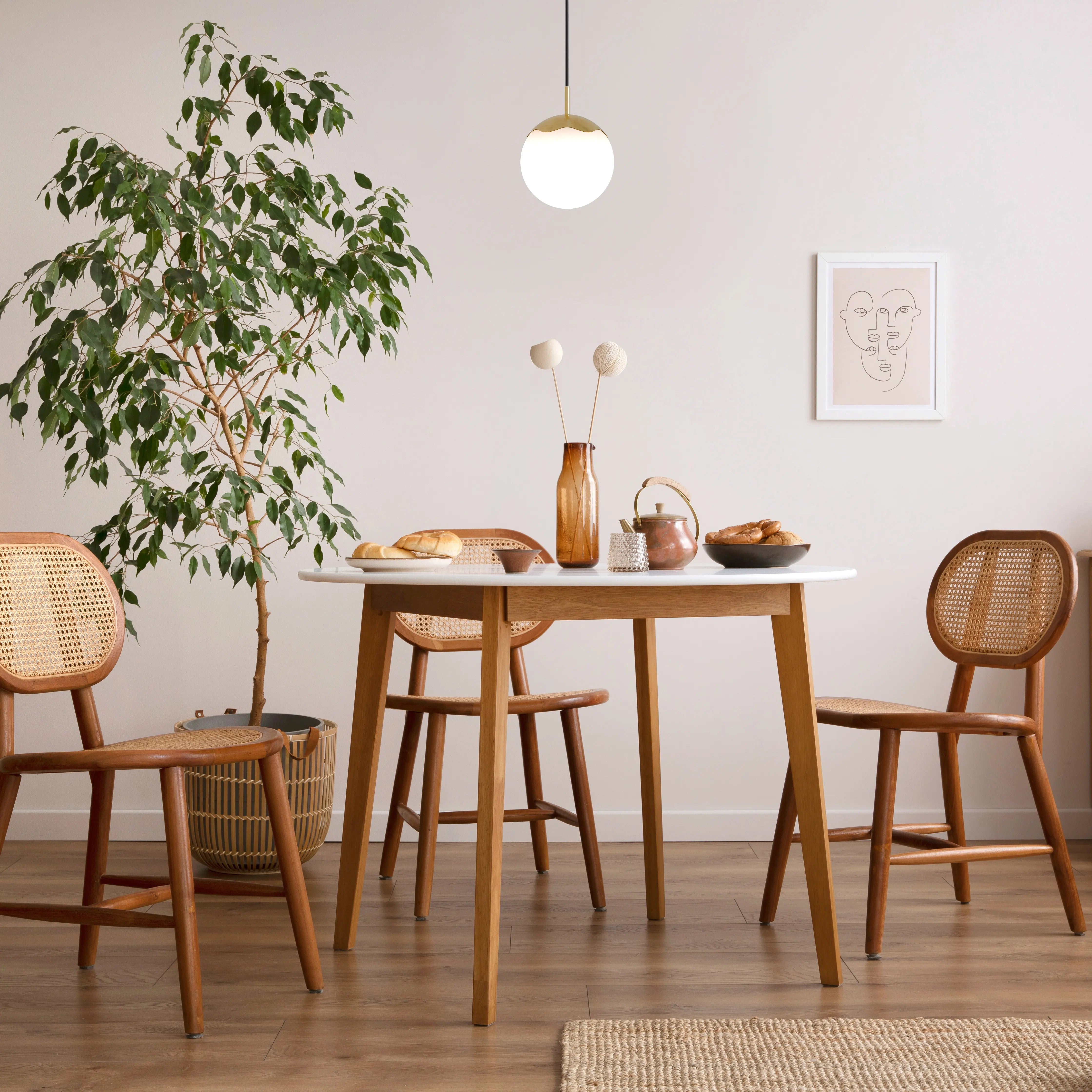 Dining area with wooden table and chairs, plant, and decor items.
