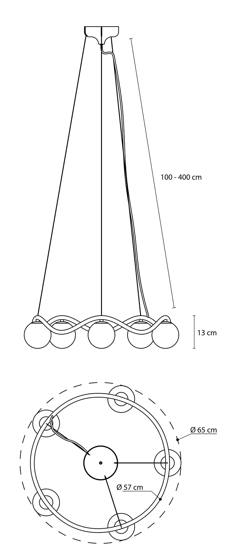 Technical drawing of a hanging lamp with dimensions