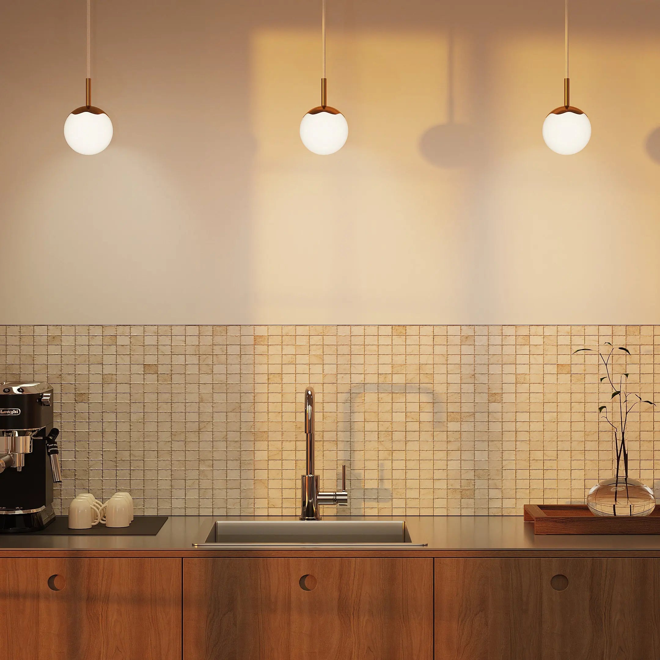 Modern kitchen with wooden cabinets, a sink, and pendant lights.