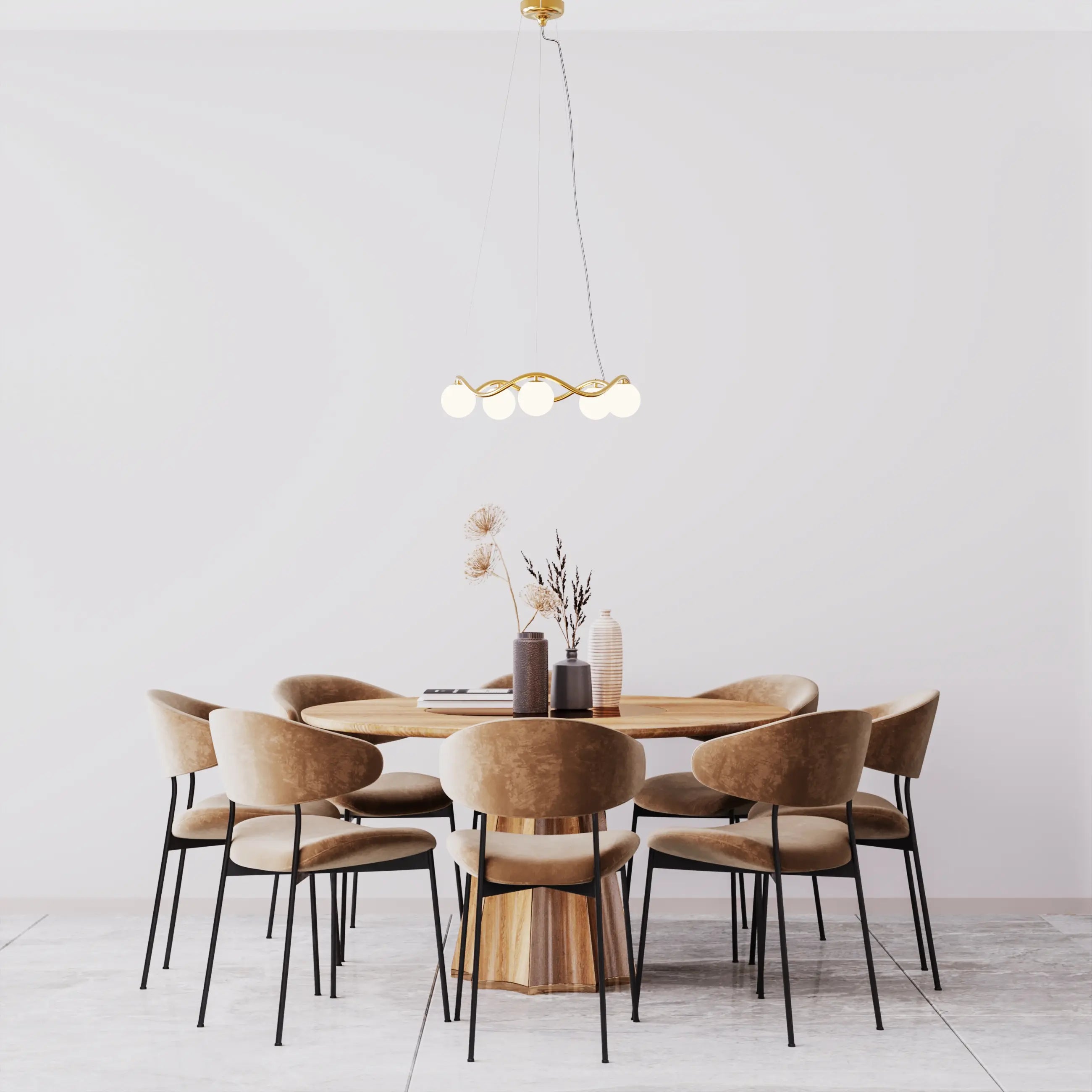 Dining room with wooden table and chairs under a modern chandelier.