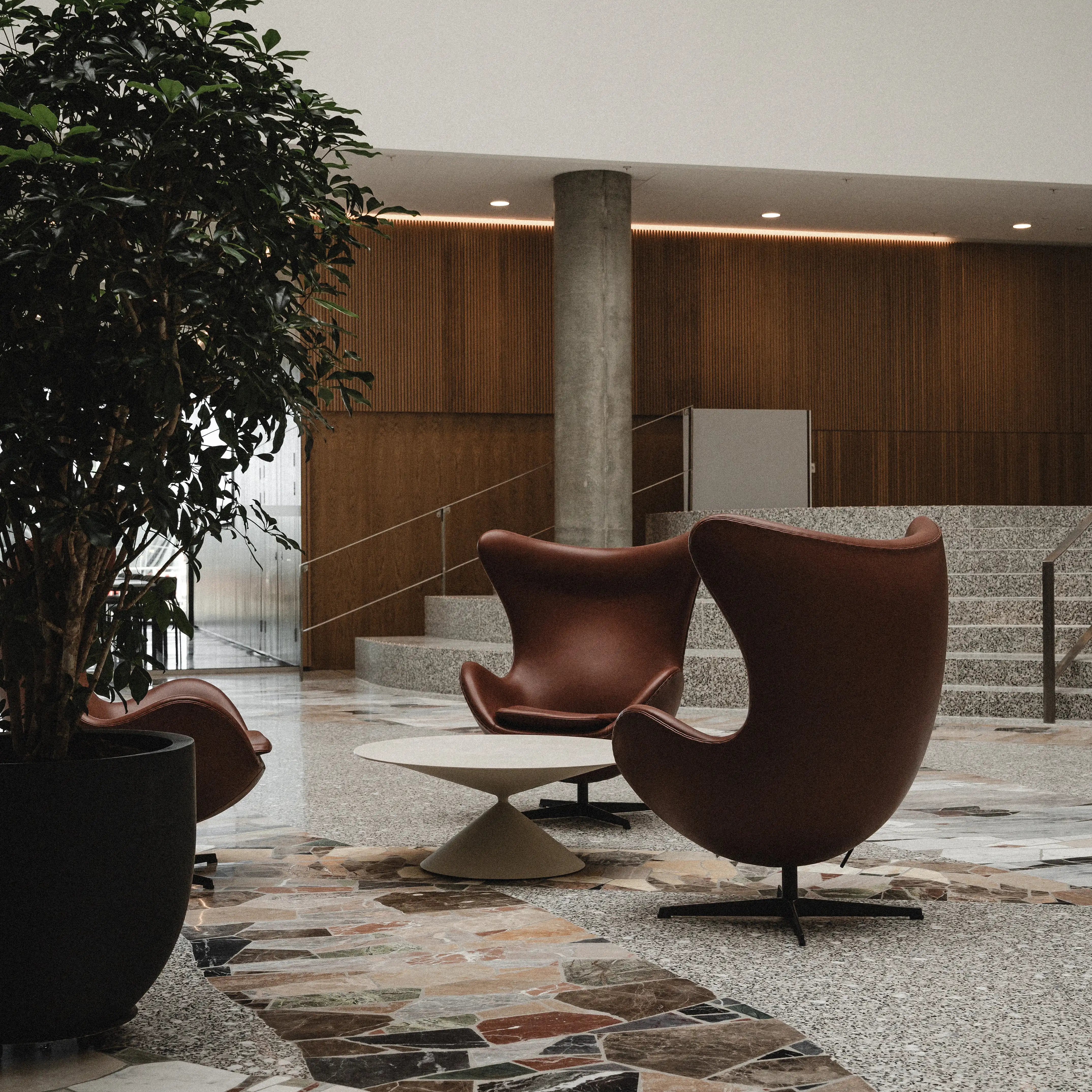 Modern interior with brown egg-shaped chairs and a potted plant.