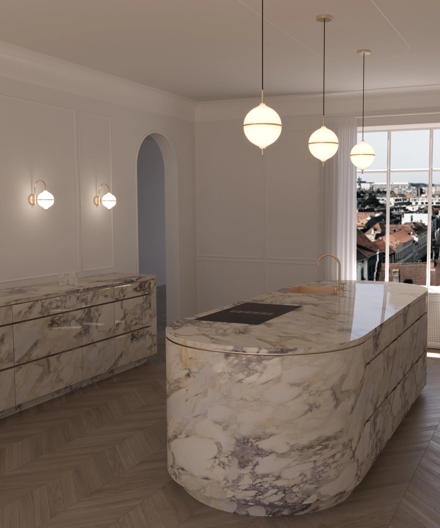 Modern kitchen with marble island and pendant lights