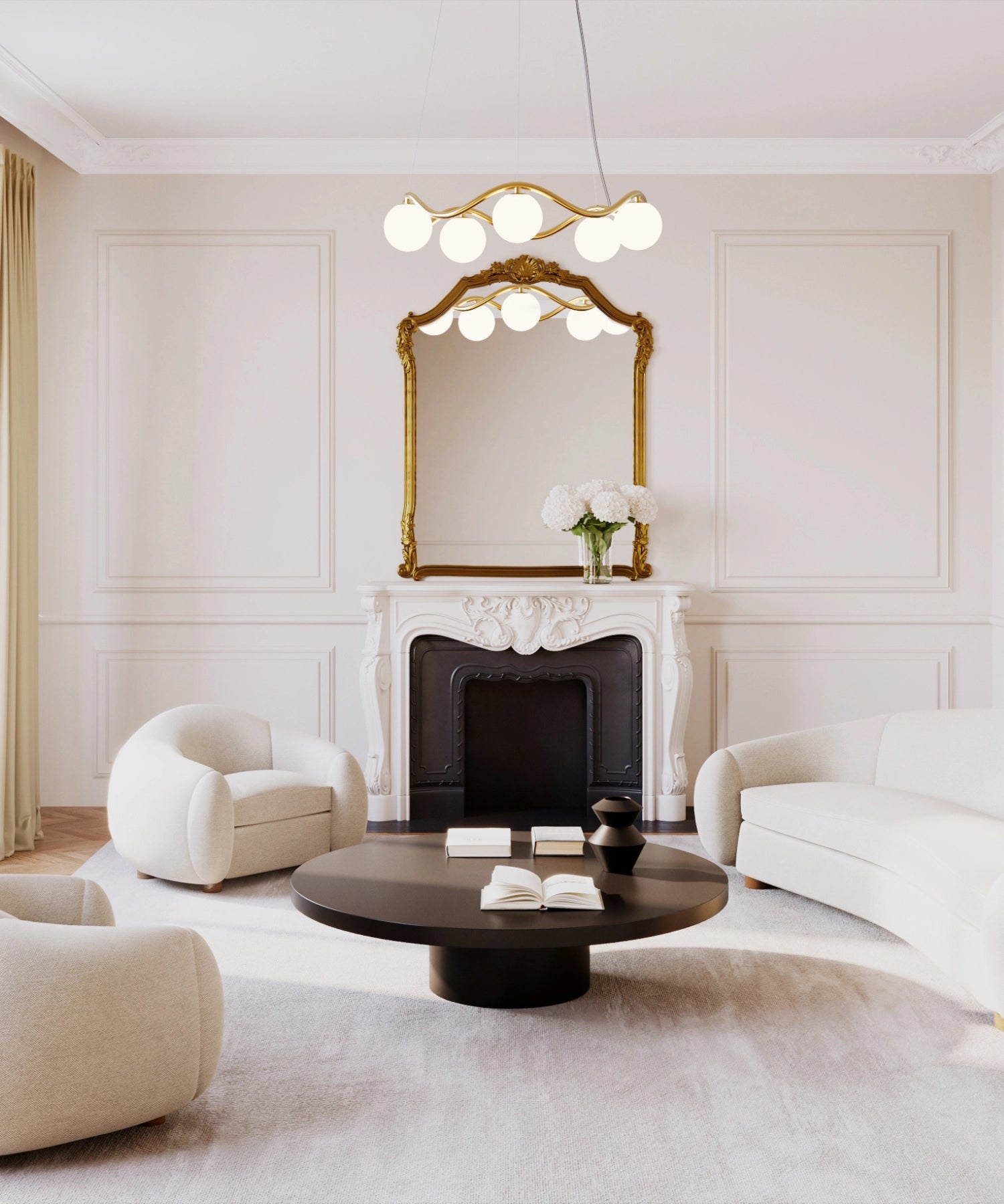 Modern living room with white walls, a fireplace, and stylish furniture.