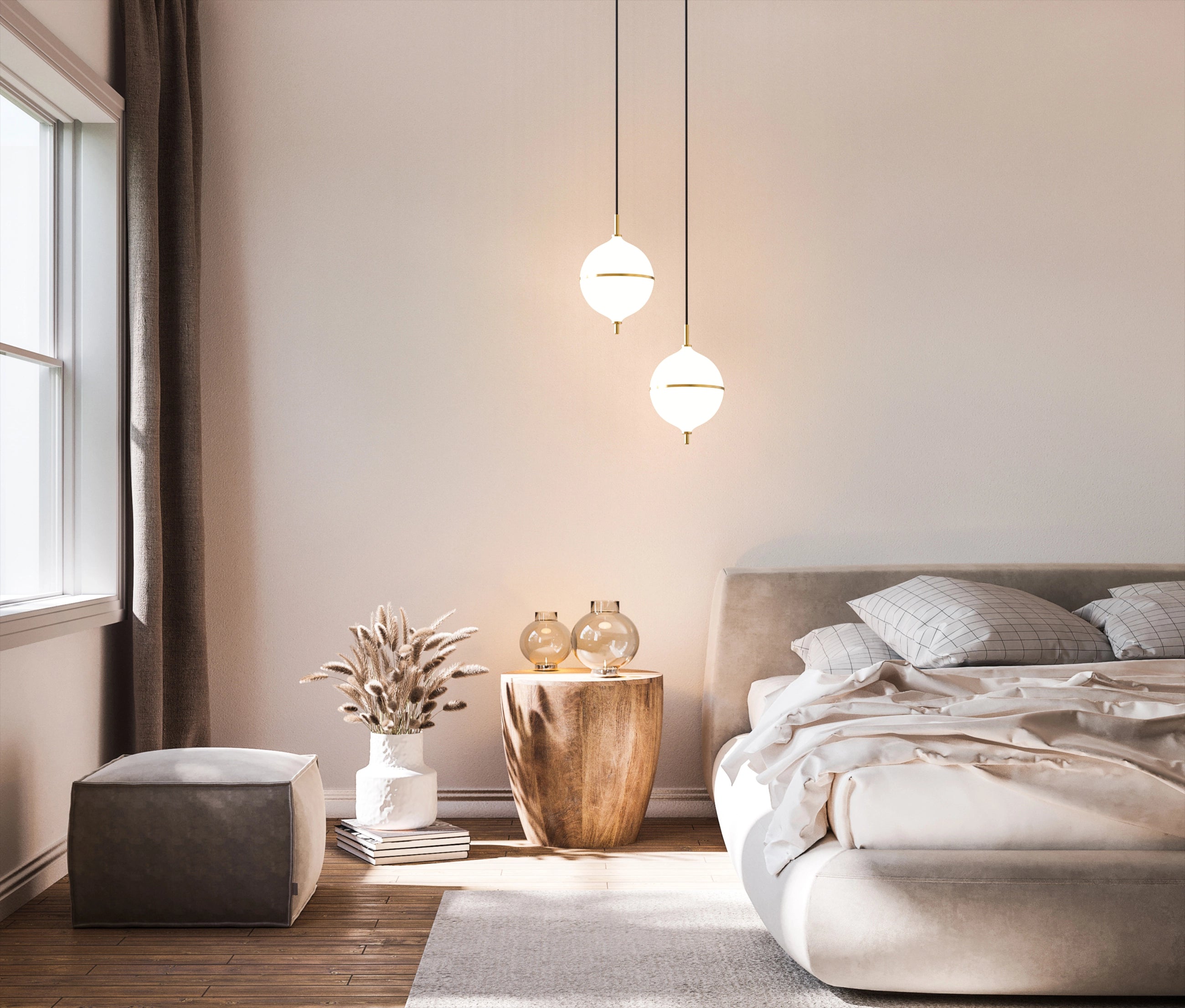 Modern bedroom with a bed, nightstands, and pendant lights.