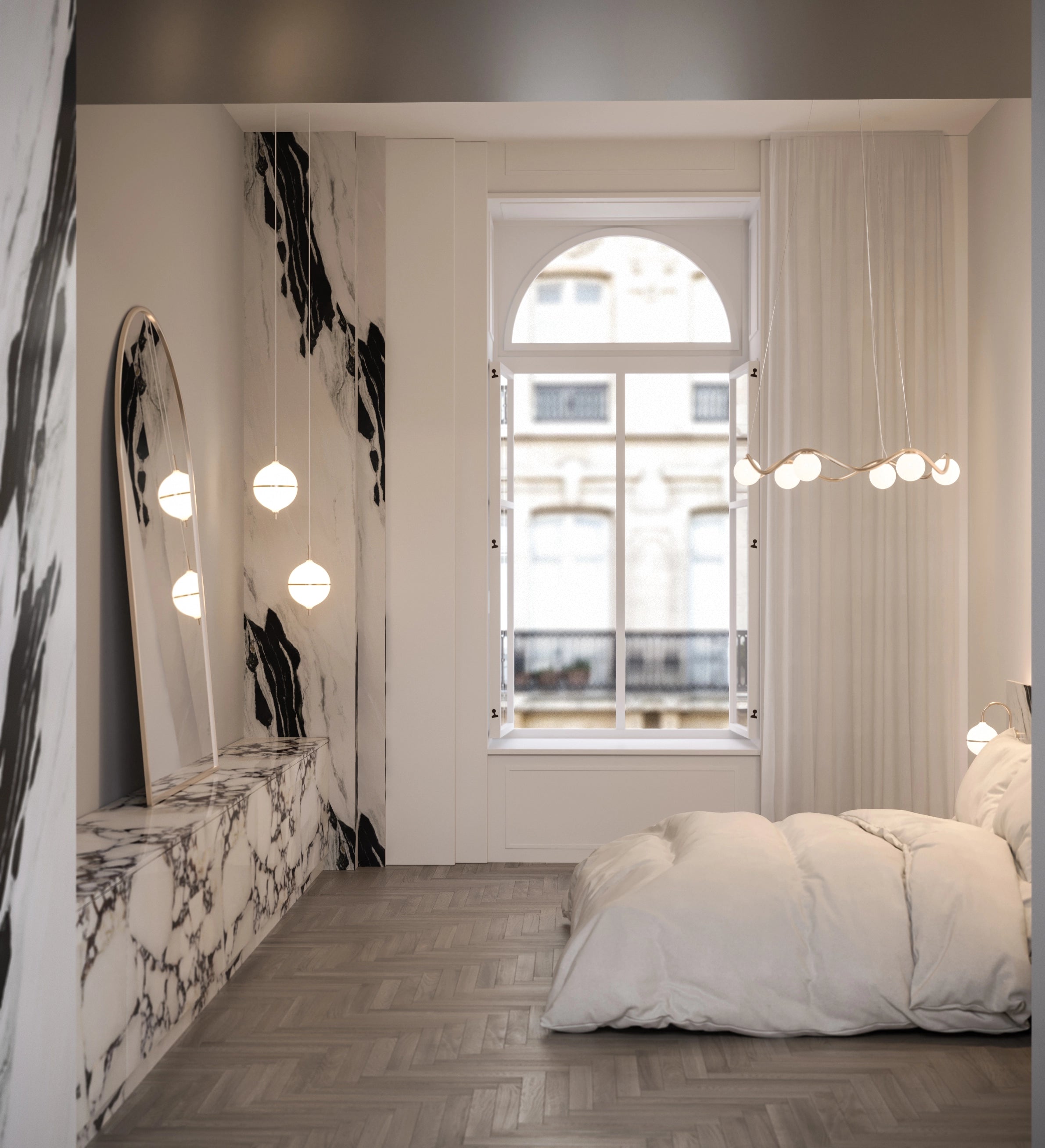 Modern bedroom with marble accents, a large window, and a bed with white bedding.
