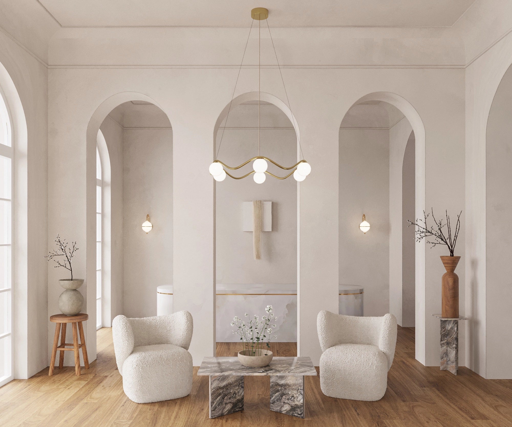 Modern interior with white chairs, a coffee table, and decorative elements.