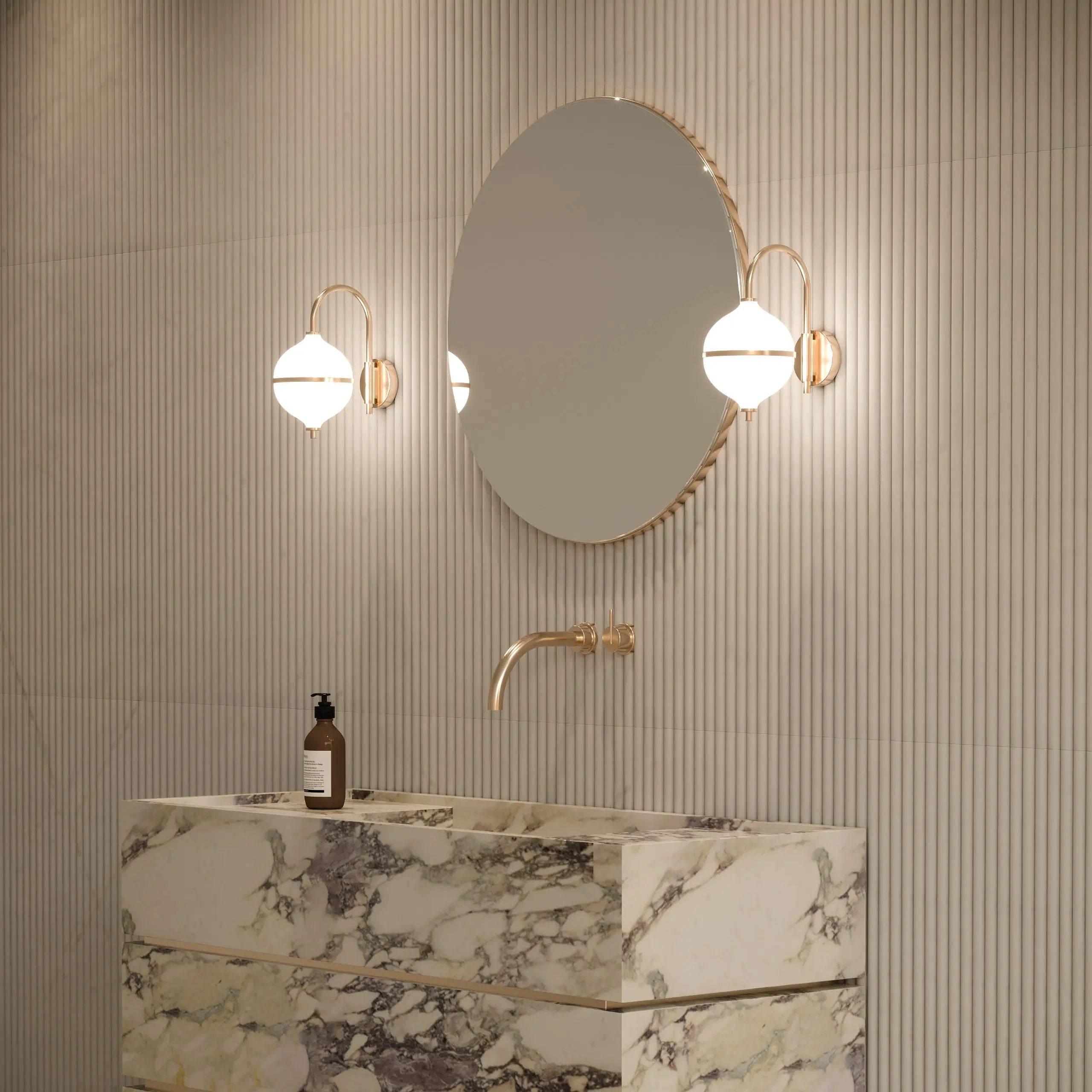Bathroom vanity with marble countertop, round mirror, and wall lights.