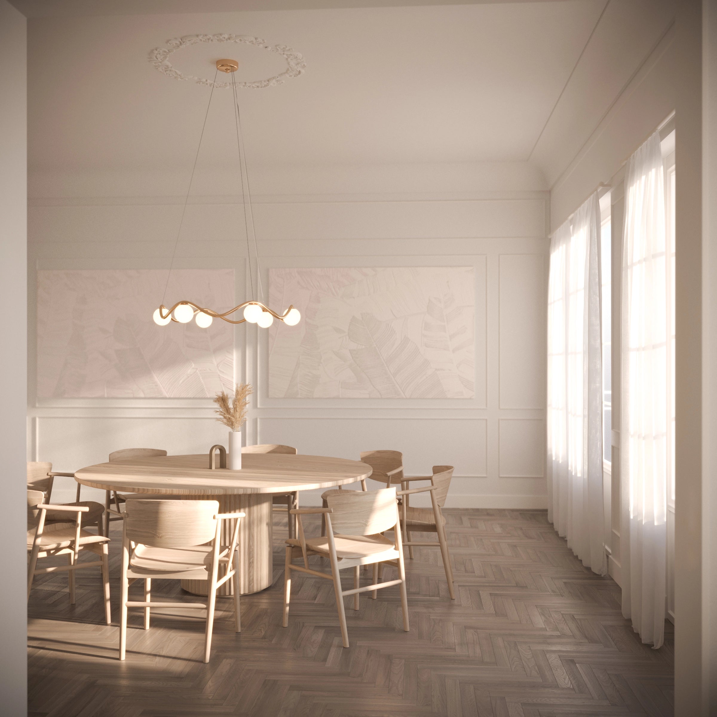 Dining room with a round table and chairs, light fixture, and large window.