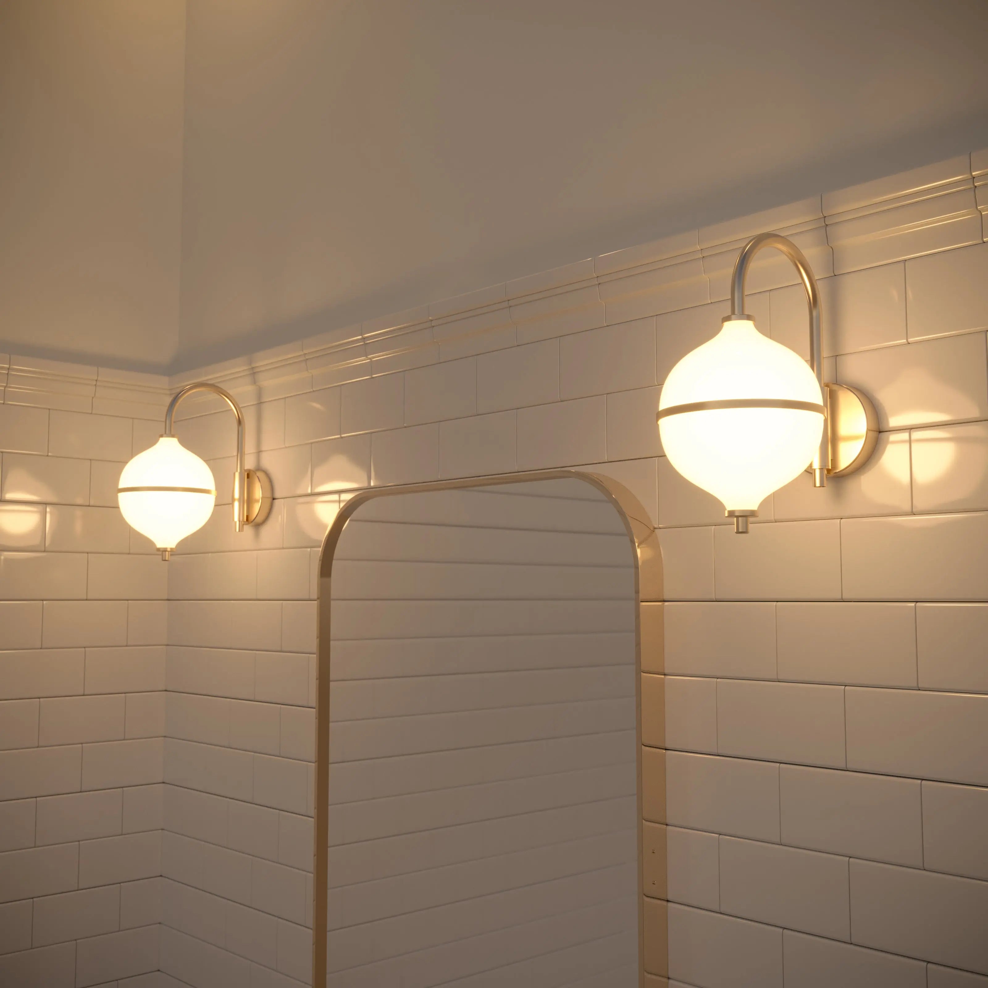 Bathroom with tiled walls, a glass shower enclosure, and wall-mounted lights.