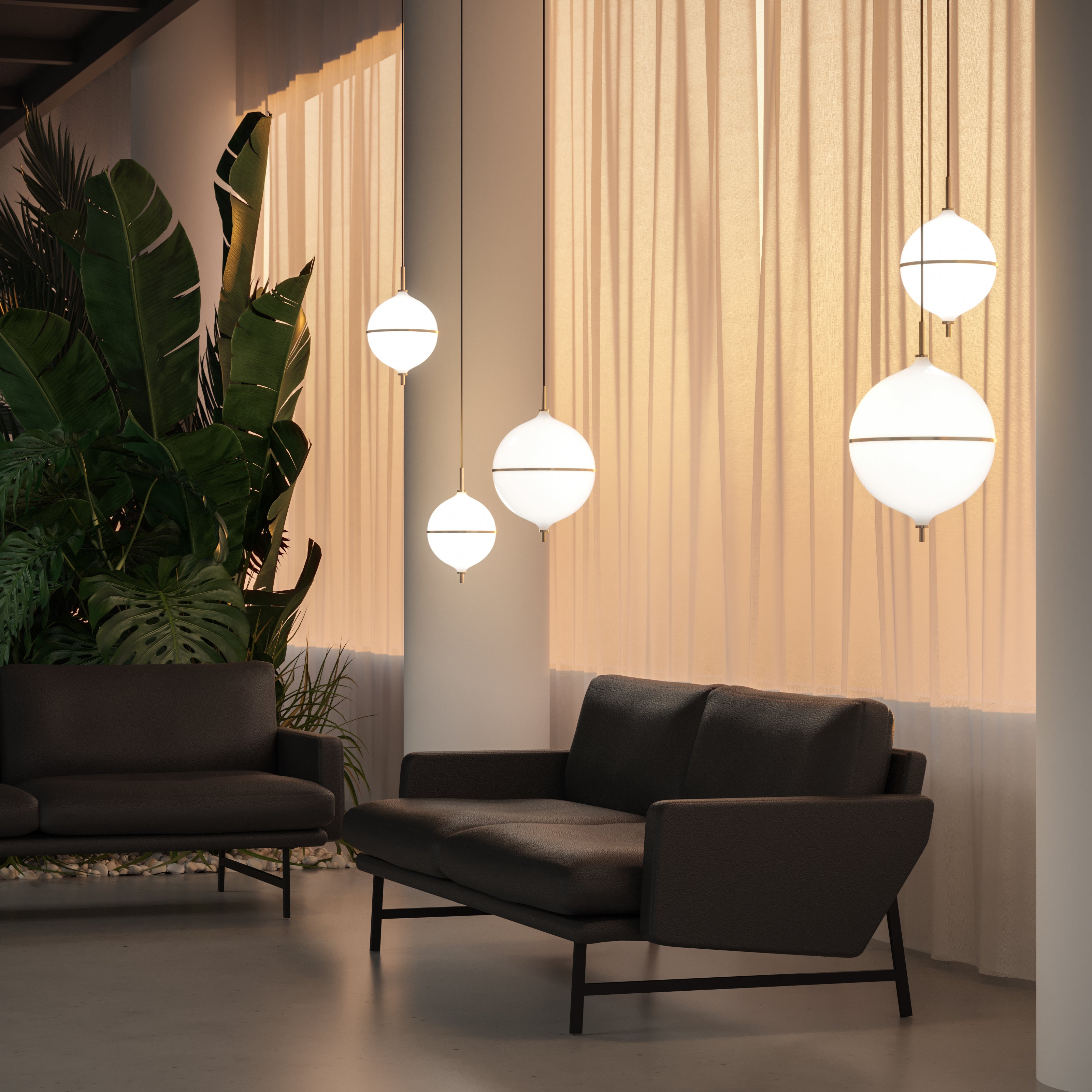 Contemporary pendant light with adjustable dimming, high-quality craftsmanship, warm illumination, and brass accents.